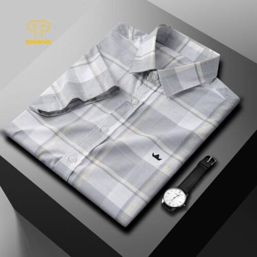 TAVARES Men Dress Shirts Summer Social Office Business Collared Shirt Short Long Sleeve Plaid Casual Shirt Baggy Oversize