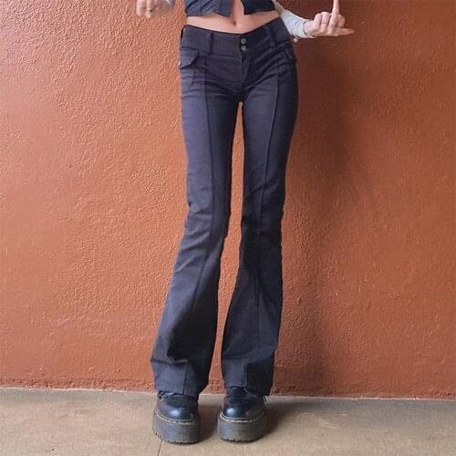 TIESOME Black Pants Women Pockets Zipper Trousers Low Waist Flare Pants 2021 Spring Summer Trousers Female Solid Slim Pants