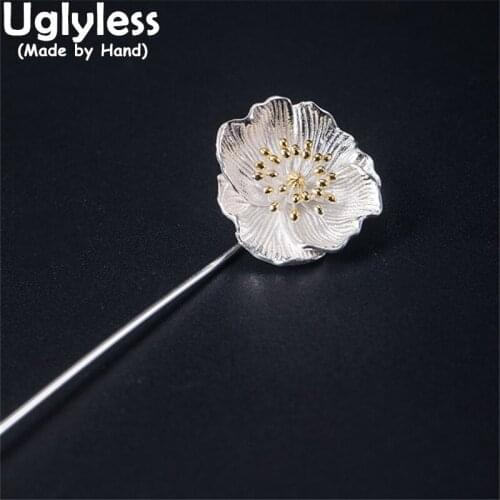Uglyless Neutral Floral Brooches for Men Women Elegant Business Dress Jewelry Real 925 Silver Flowers Pins Silver Long Brooches