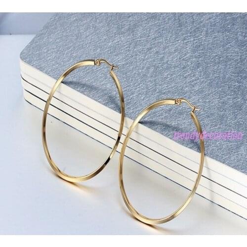 Vintage Smooth Gold Stainless Steel Womens Big Round Earrings Xmas Gift Free Shipping