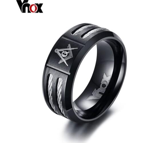 Vnox Vintage 9mm Masonic Ring Men Jewelry Black Stainless Steel With Wire Brother Gift