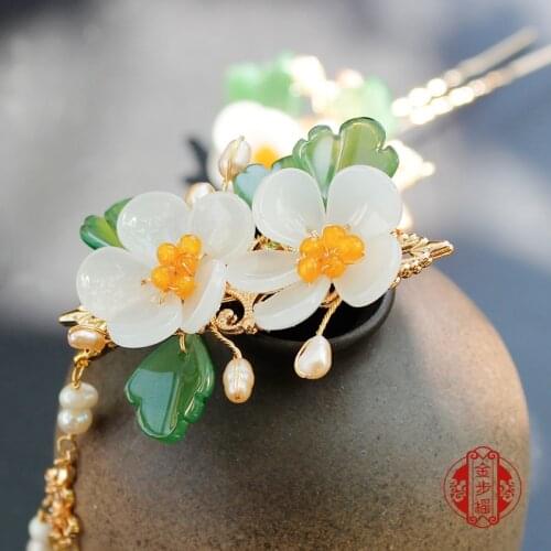 Palace style vintage White peach pearl handmade tassel hair clip Hair stick accessories for kimono hanfu COSPLAY