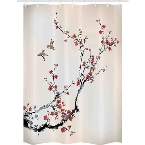 Nature Stall Shower Curtain Cherry Branches Flowers Buds and Birds Asian Style Artwork with Painting Effect Bathroom Decor
