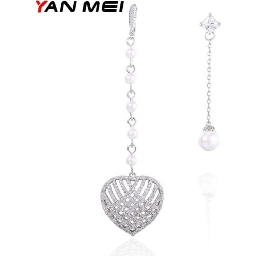 YAN MEI Women 2017 Heart Shape White Gold Color AAA CZ Long Link Chain Dangle Earrings Luxury Jewelry GLE6973Y