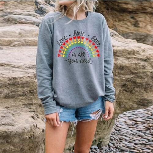 Rainbow Love Heart Women T shirt LOVE LOVE LOVE Letter Print Tshirts O-neck Long Sleeve Harajuku Clothes Female Plus Size Tshirt