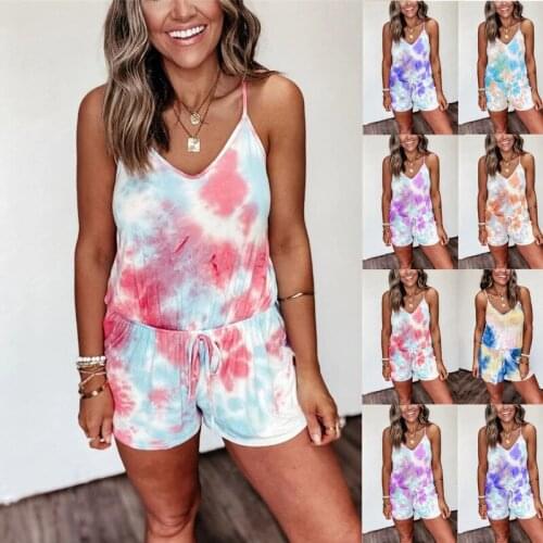 Plus Size 5XL Women Tie Dye Print Suspender Shorts Sling Jumpsuit Cool Girls Streetwear Summer Sleeveless Camis Tops Clothes