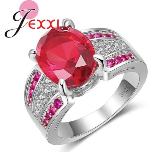 Fashion Big Red CZ with Red & White Austrian Crystal Finger Rings 925 Sterling Silver for Women Girls Wedding Jewelry