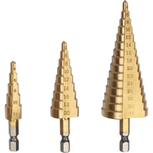 1Set/3Pcs Titanium Coated Step Cone Drill Bit Hole Metal Wood Cutter 4-12mm / 4-20mm / 4-32mm HSS Tool