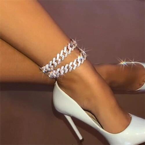 Hip Hop Iced Out Cuban Link Chain Anklet Bracelet For Women Gold Silver Color Rhinestone Anklets Jewelry Beach Barefoot Chain