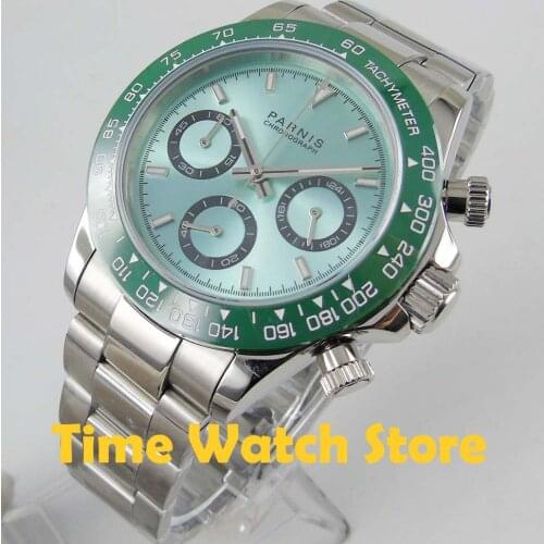 39mm PARNIS Quartz wrist watch men sapphire glass waterproof blue dial 24 hours Chronograph luminous ceramic bezel SS bracelet