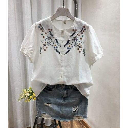 FairyNatural Women Unique Colorful Thread Floral Embroidery Shirts Cotton Linen Short Sleeve Ladies Blouse And Summer T-shirt