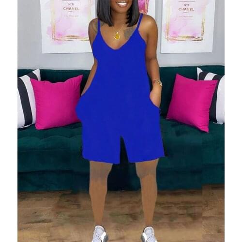 Women Solid Fashion Strap V Neck Loose Pocket Summer Casual Female Lady Clothing One Piece Romper Jumpsuit Playsuit Shorts Pants