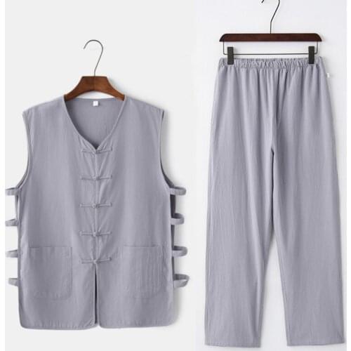 Mens Cotton Linen Kung Fu Suit Male Sleeveless Wagoner Undershirt+Long Pants Sets Chinese Tang Suit Tai Chi Uniform