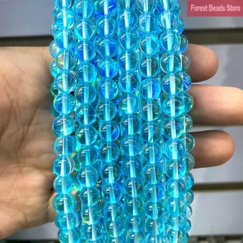 Smooth Lake Blue Glitter Moon Stone Austria Crystal Round Beads for Jewelry Making DIY Bracelet Necklace 15" Strand 6 8 10 12MM
