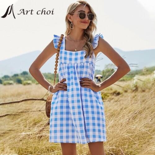 Women Plaid Mini Spaghetti Strap Dress Summer Beach Shirt A-Line Square Collar Sleeveless Backless Ladies Boho Party Vestido