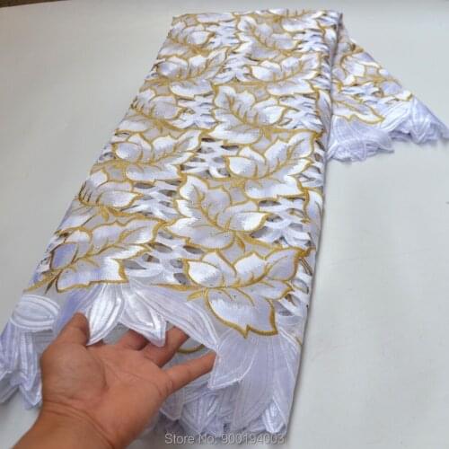 New arrivals high quality big handcut gold African wedding lace Fabric with stones 5 Yards embroidered Swiss Voile Lace -N88140