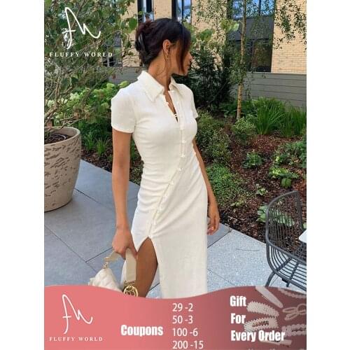 Button Split Bodycon Midi Dress Short Sleeve Patchwork Turn-Down Collar Dress Women Fashion Streetwear Outfits Party Elegant