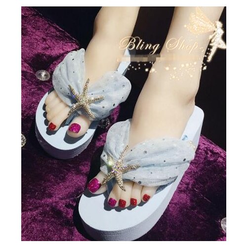 Sweet diamond starfish sequins yarn mermaid fantasy super cents slope with heavy-bottomed sandals women slippers