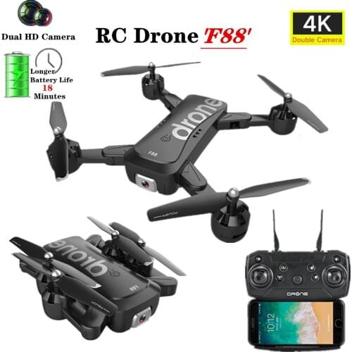 RC Drone 4K HD Wide Angle Dual Camera Fixed Hight Hold Follow Me Foldable Arm RC Quadcopter Fly 18 mins Helicopter F88 Toy Gift