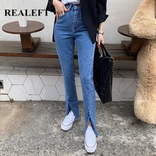 REALEFT Summer 2021 New Front Split Womens Jeans Mid Waist Denim Pencil Pants Retro Washed Streetwear Skinny Trousers Female