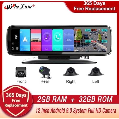 New 12" Android 9.0 System 4 Channel 4G Car DVR Dash Cam Video Recorder Center Console Mirror GPS WiFi Super Night Rear Lens