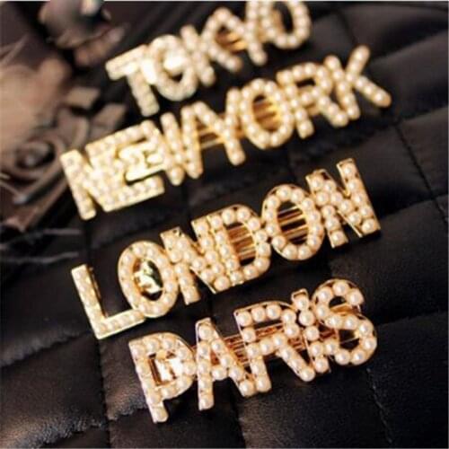 New Fashion Imitiation Pearls Letter Hair Clips For Women City Paris New York Tokyo London Hairpins Barrettes Accessories