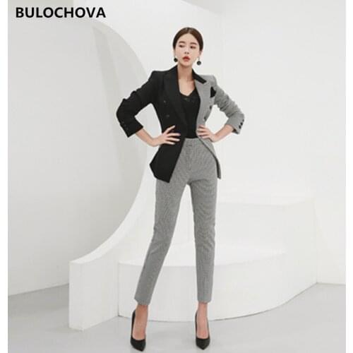Stitching Color Houndstooth Womens Suits 2020 Autumn Fashion Suit Collar Double breasted Coat Tops Full Length 2 Piece Sets XL
