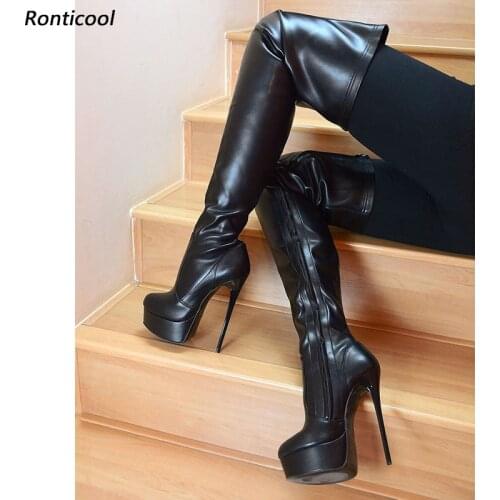 Ronticool Women Winter Platform Over The Knee Boots Side Zipper Sexy Stiletto Heels Round Toe Black Dress Shoes US Size 5-20