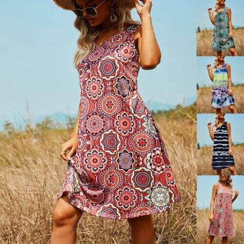 Summer New 2021 Women Vintage Ethnic Print Sexy V-neck Sleeveless A-line Dress Ladies Fashion Loose Beach Dresses Vestidos