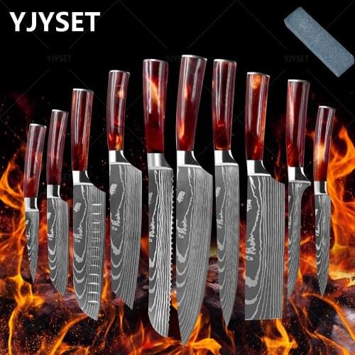 1-10PCS kitchen knives Set Laser Damascus pattern chef knife Sharp Santoku Cleaver Slicing Utility Chef Knives Red Resin Handle