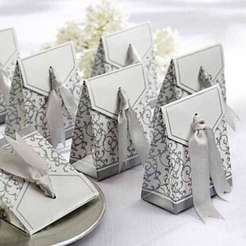 100Pieces 6.7x3.5x8.5cm Silver Gold Candy Box Bridal Gift Ribbon Wedding Favors Sugar Case Wedding Party Supplies