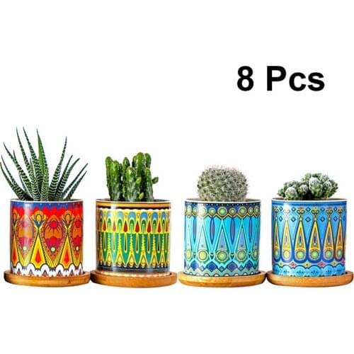4 Sets Of Ceramic Succulent Plant Flower Pot Pattern Ceramic Flower Holder(Mandala Pattern With 4 Bamboo Tray Without Plant)