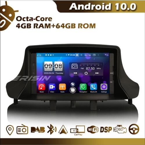 Erisin ES8773M Octa-Core CarPlay Android 10 Car DVD Player for Renault Megane Ⅲ Fluence FM DAB+ GPS BT OBD WiFi DSP TPMS DVR USB