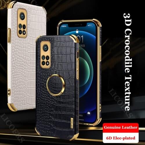 For Xiaomi Mi 10T Pro Lite 11 Redmi Note 9 8 POCO M3 Case Full Lens Plated Crocodile Texture Genuine Leather Cover Stand Holder