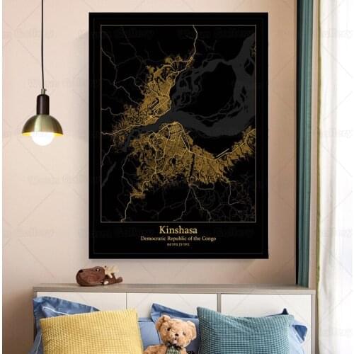 Black Poster Kinshasa city map HD Print Fashion Painting Minimalist Decorative Picture Canvas Painting for living room