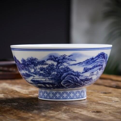Jingdezhen Ceramics Blue And White Porcelain Bowl Health Hand Made Rice Bowl Porridge Noodle Bowl Tableware Set Bowl