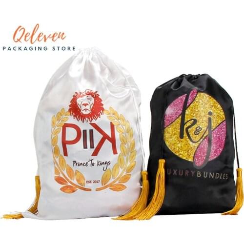 Customized Virgin Human Hair Extensions Bundle Packaging Satin Silk Bags Private Virign Hair Packing Drawstring Bag With Tassels