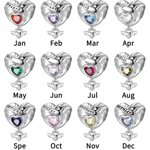 Silver Birthstone Charms Beads January to December CZ Charms Dangle Angel Wings Fit Original Designer Bracelets Birthday Jewelry