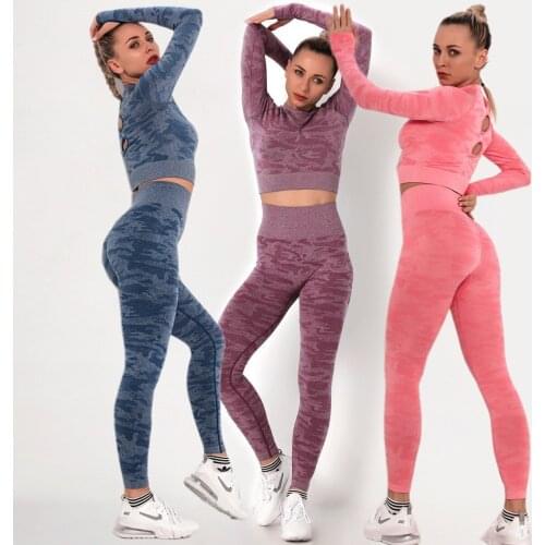 Yoga Set Women Seamless Camou Tops/Pants Fitness Sports Hollow out Long Sleeve High Waist Gym Leggings Fitness Suit Workout Sets