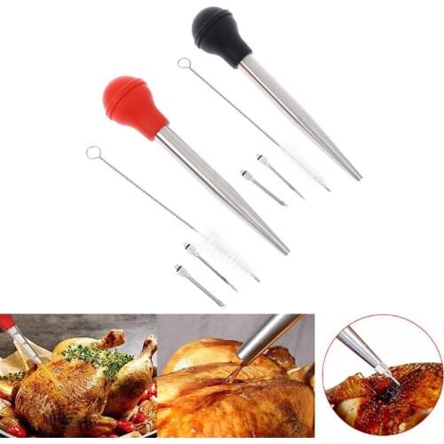 4Pcs/set Turkey Baster Oil Dropper Cooking BBQ Stainless Steel Tube Pump Pipe Kitchen Tools