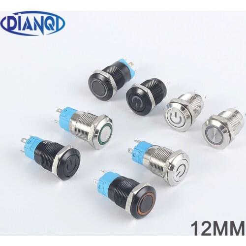 12mm Waterproof Led Light Metal Flat Momentary Latching Switches with power mark Ring LED Black Push Button Switch 4 Pins