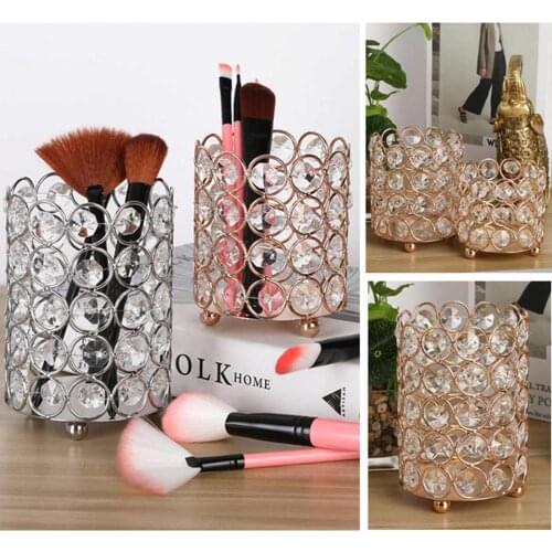 2019 New Glitter Metal Crystal Makeup Brush Storage Bucket Gold Silver Women Cosmetic Storage Box Pen Holder Vase Comb Container
