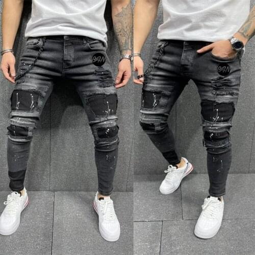 Mens Large Size S-3XL Spring Fall Holes Black Slim Fit Go With Fashion Paint Small Leg Pants Jeans