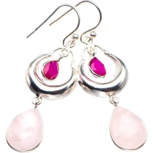 Natural Rose Quartz And Chalcedony Handmade 925 Sterling Silver Earrings 2" D3675