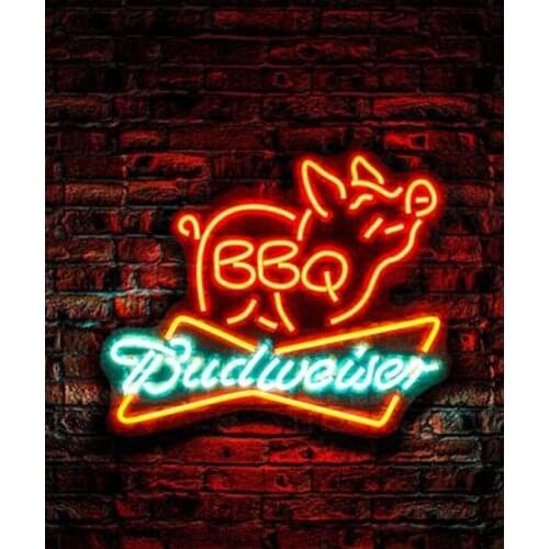 Neon Sign BBQ budweiser pig OPEN club barbecue real glass decor Lamp resterant light Hotel custom coffee Impact Attract light