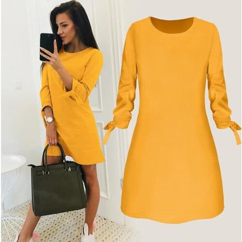 Women Fashion O-neck Solid Bow Elegant Straigth Dress Spring Loose Mini Dresses 3/4 Sleeve Bow Comfortable Plus Size