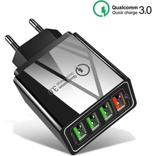 EU/US Plug 15W QC3.0 Quick Charging Adapter 4 USB Mobile Wall Charger For Iphone 11 Huawei Mate40 Samsung Xiaomi Tablet Portable