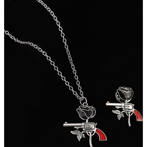 Vintage Gun & Rose Flower Dangle Charm Necklace Fashion Jewelry for Women Accessories Friends Gift Wholesale