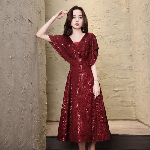 Special Occasion Dresses Vintage V-Neck Short Luxury Burgundy A-Line Sequined Ankle-Length Elegant Fashion Women Prom Gown E960