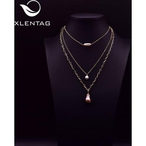 XlentAg Minimalist Three-layer Chain Natural Baroque Pearls Pendant Custom Necklaces Egirl Kingdom Heart Fashion Jewelry GN0198